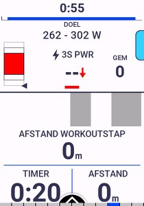 De fietscomputer tijdens het rijden, met als doel 262 tot 302 watt.